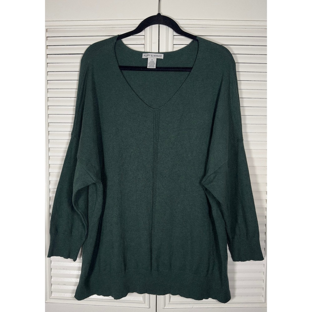 Poppy & Whimsy Women's Dark Green Viscose‎ Blend V-Neck Knit Top Size 2XL